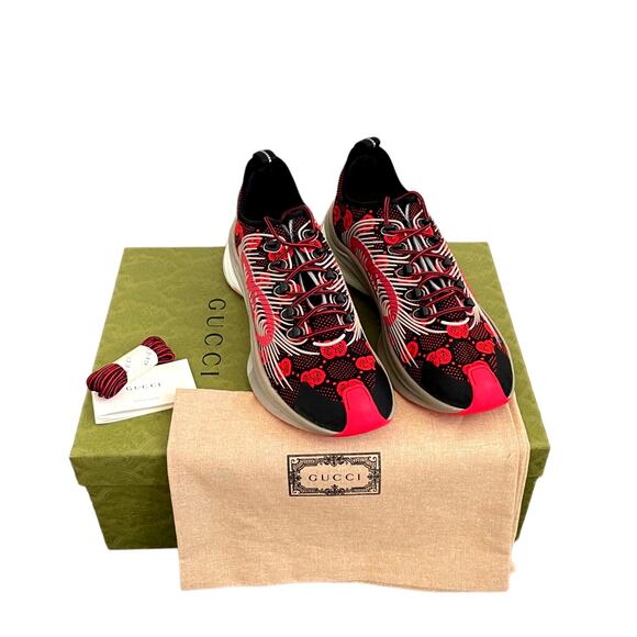GUCCI Men's GG Run Sneakers Technical Knit 680900 Red Black Gray Sz 11 US 11.5 - Picture 4 of 16